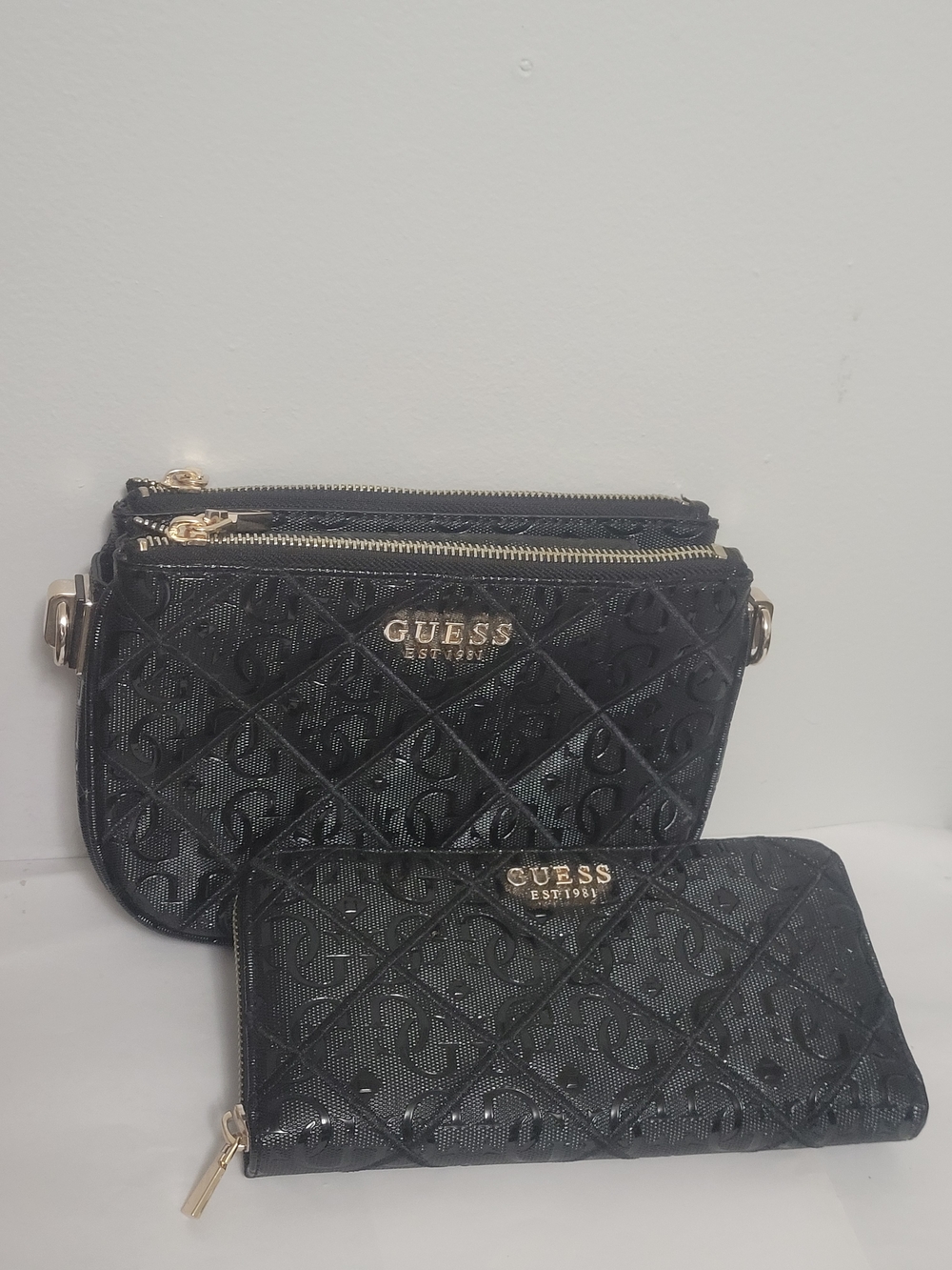 GUESS Black Quilted Logo Crossbody Pouch and Zip Wallet Set